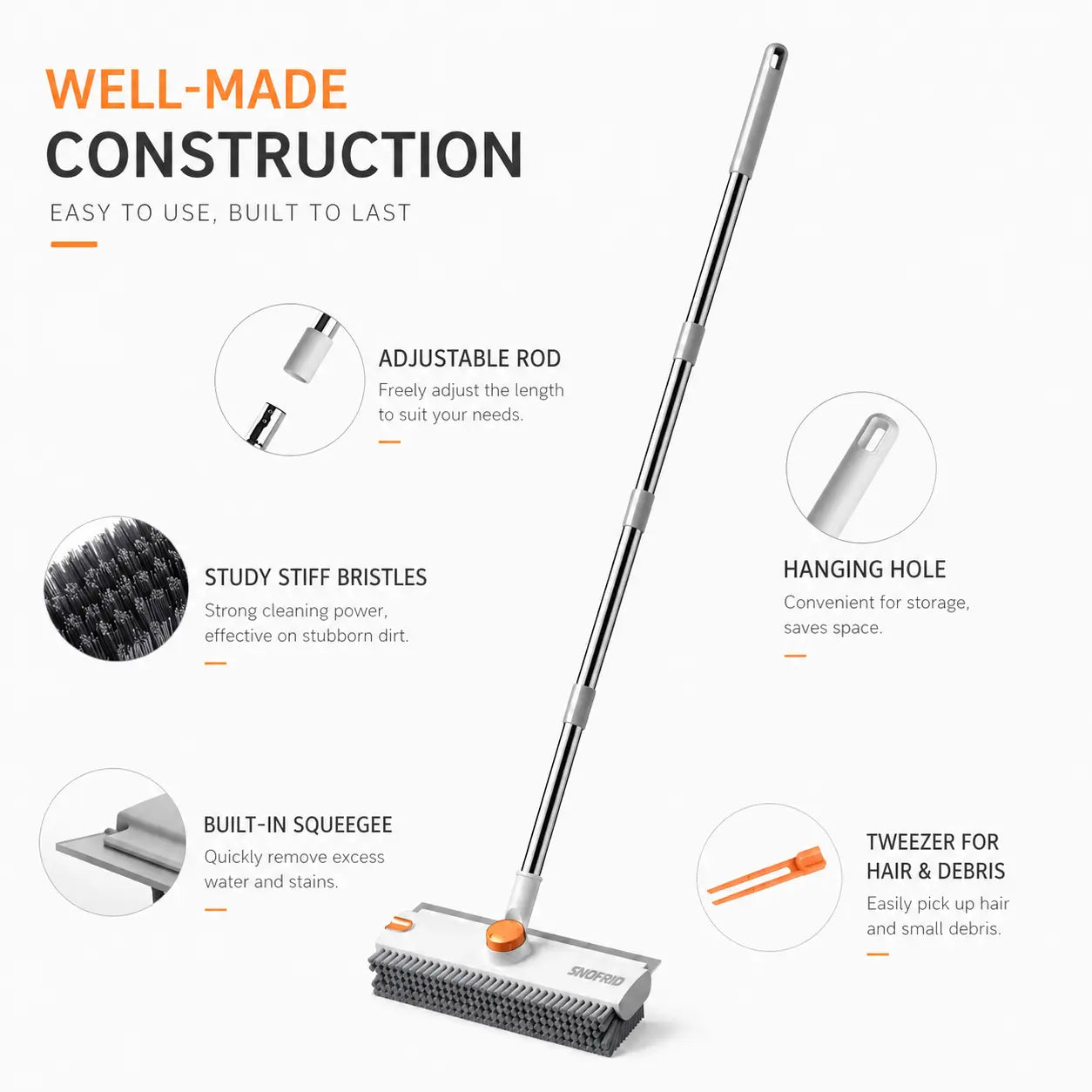 3 In 1 Floor Scrub Brush with Adjustable Long Handle & Built In Scraper
