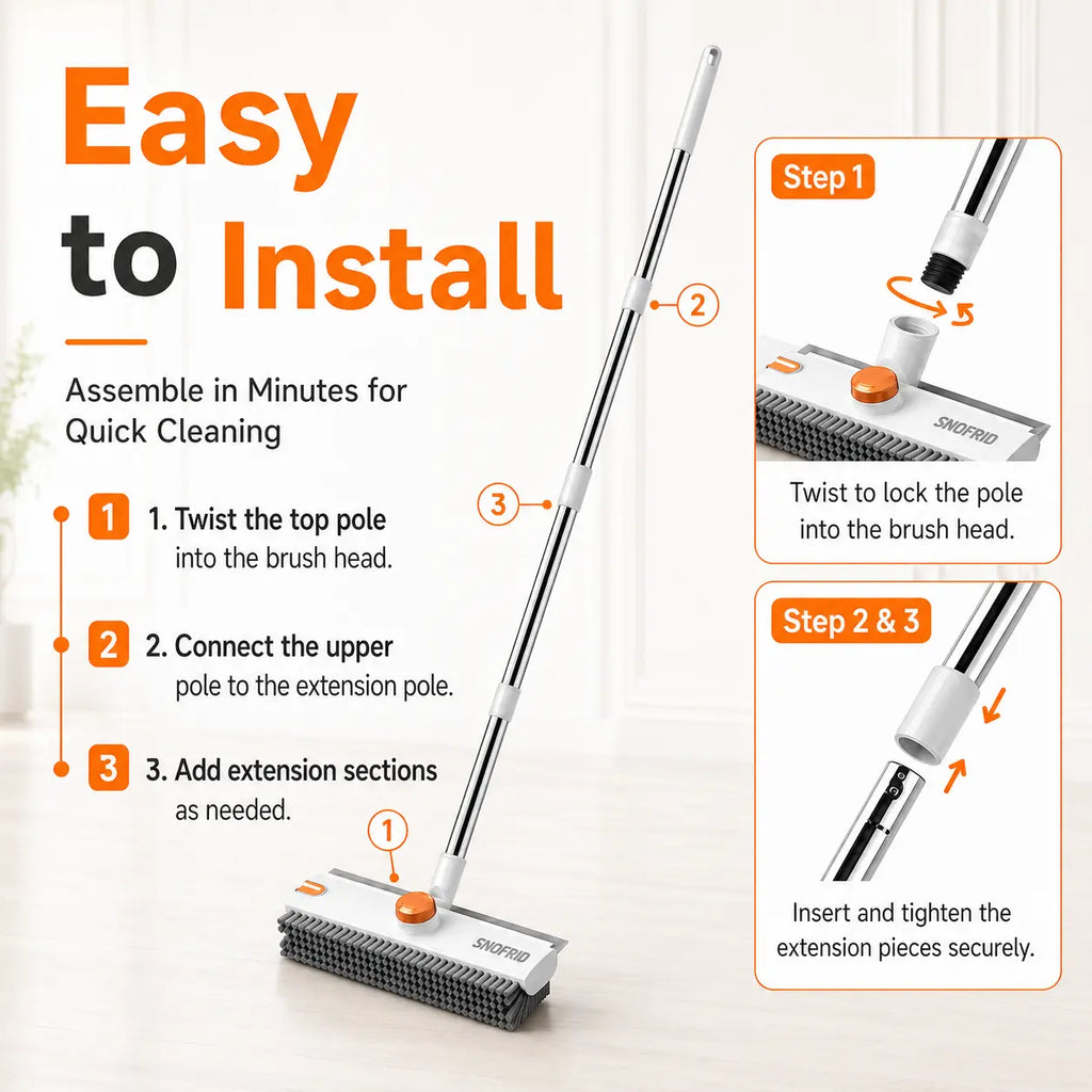 3 In 1 Floor Scrub Brush with Adjustable Long Handle & Built In Scraper