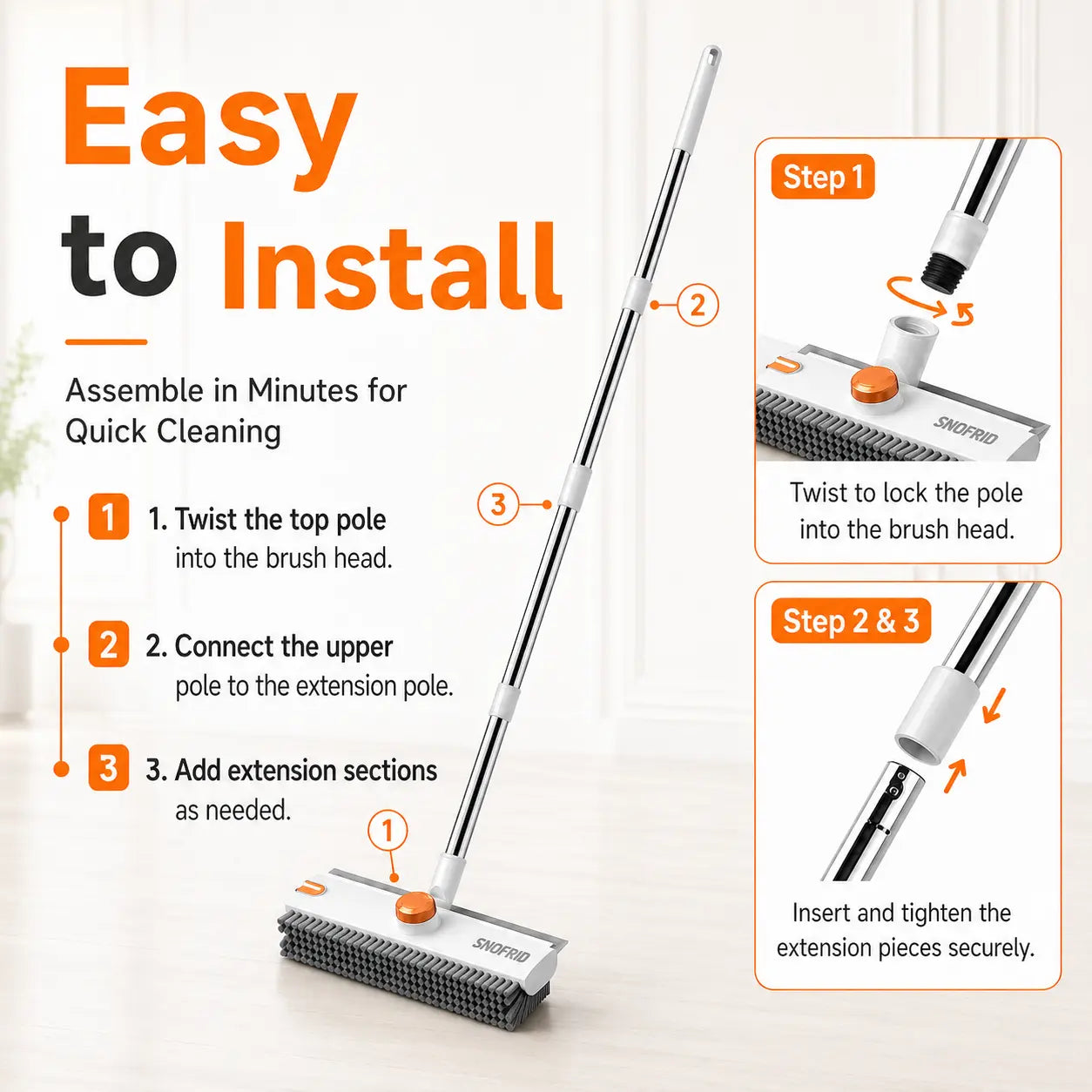 3 In 1 Floor Scrub Brush with Adjustable Long Handle & Built In Scraper