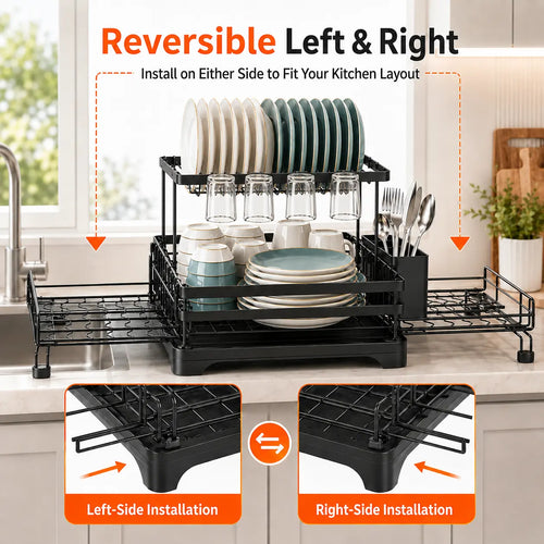 Space Saving Over Sink Dish Drying Rack with Expandable 2 Tier Organizer