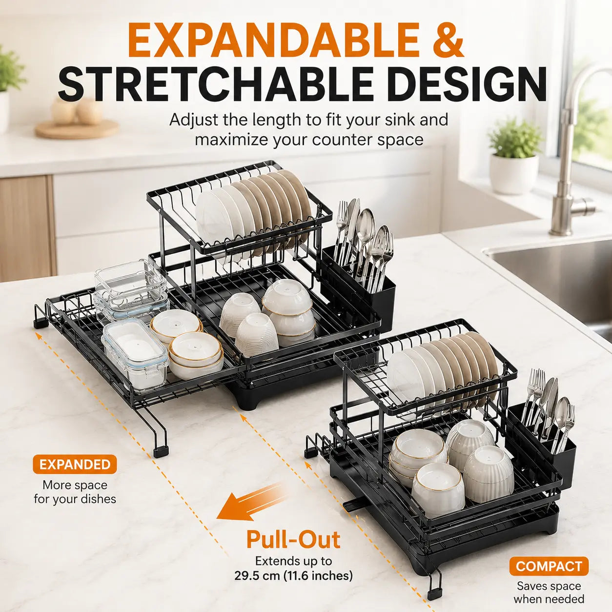 Space Saving Over Sink Dish Drying Rack with Expandable 2 Tier Organizer