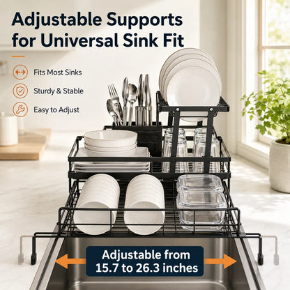 Space Saving Over Sink Dish Drying Rack with Expandable 2 Tier Organizer